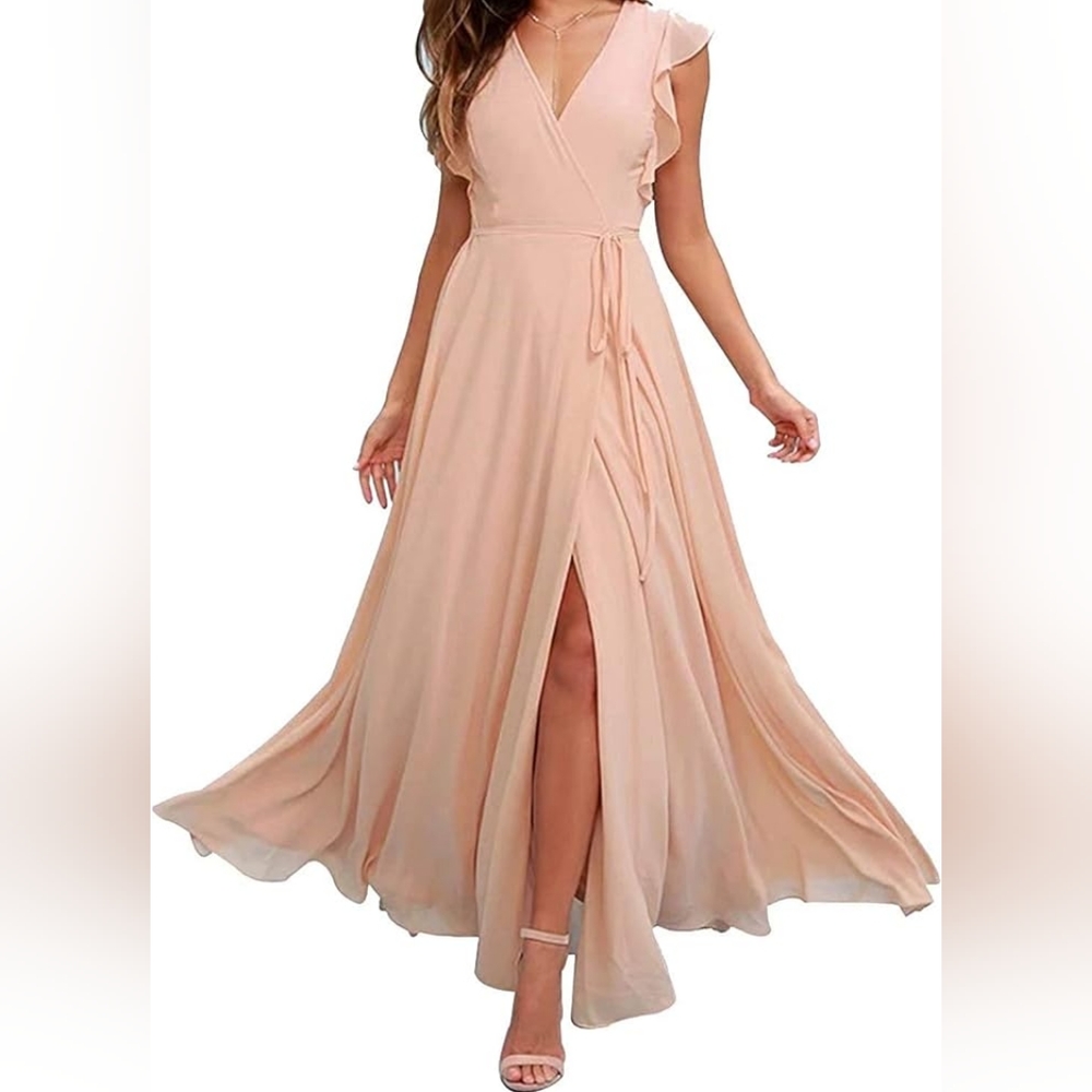 Bridesmaid Dress Pink Chiffon V Neck Sleeveless A Line Floor Length Tie Wrap
